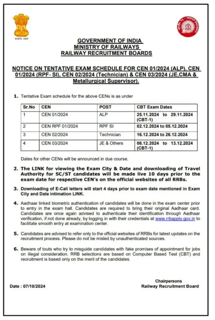 RRB ALP Exam Date 2024